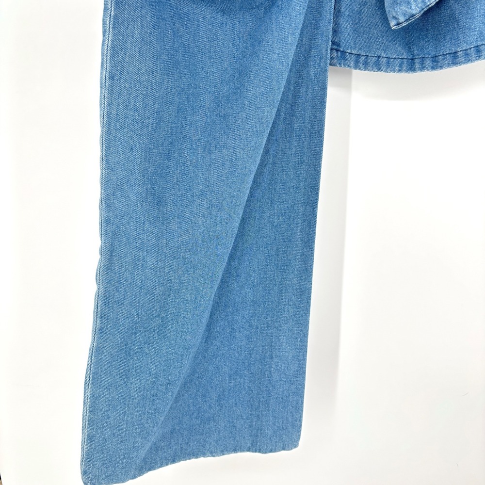 NWT Micas Mini Skirt Denim Cotton 3D Flower Draped Blue Zip Closure Size M - Picture 7 of 13